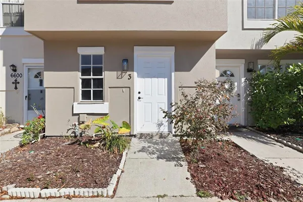 a view of a pathway with potted plants