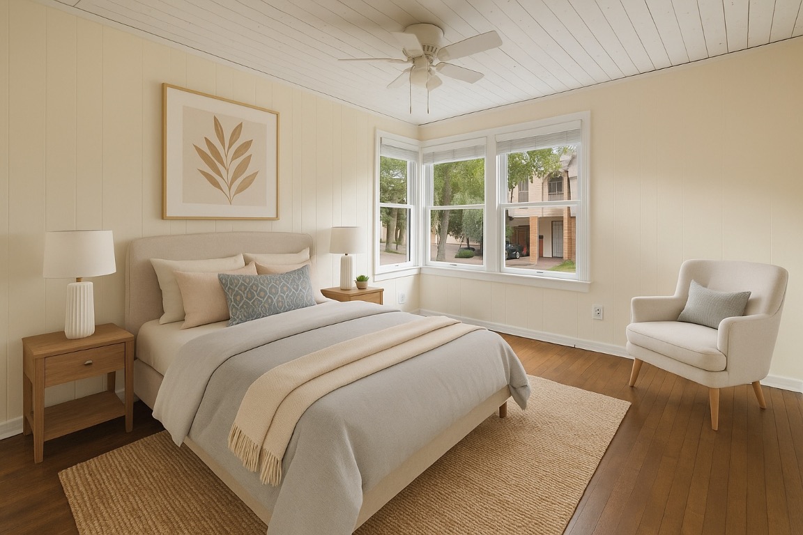 3208 Duval Street Austin, TX 78705 - Photo 24 of 26 a bedroom with a large bed couch and two window