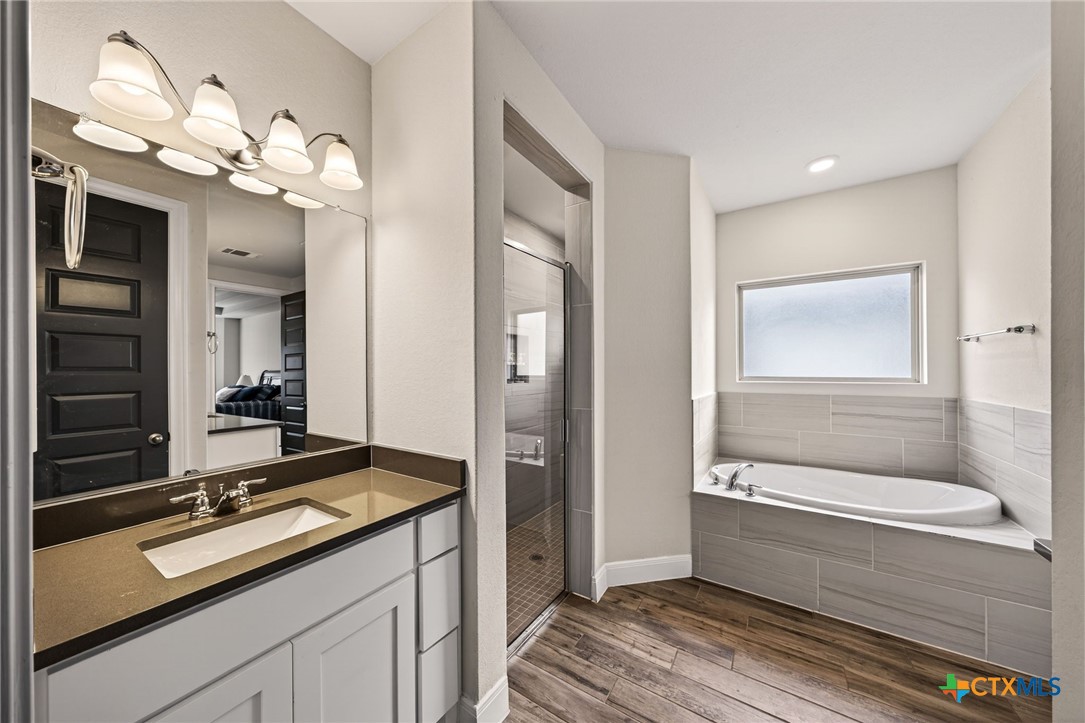 361 Misty Sails Cibolo, TX 78108 - Photo 26 of 48 a bathroom with a tub a sink and mirror