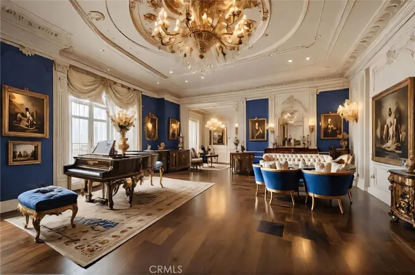 a living room with furniture a rug and a chandelier