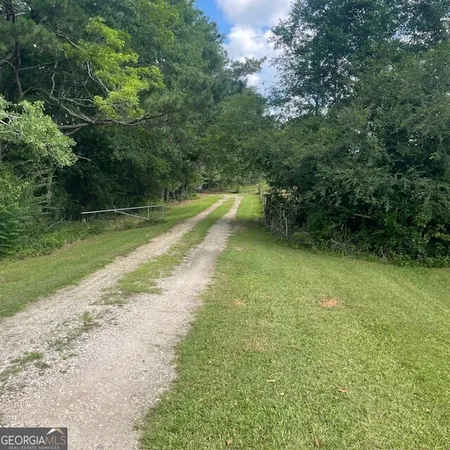 a view of a swimming pool with a yard and large trees