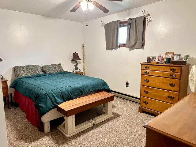 a bedroom with a bed and ceiling fan