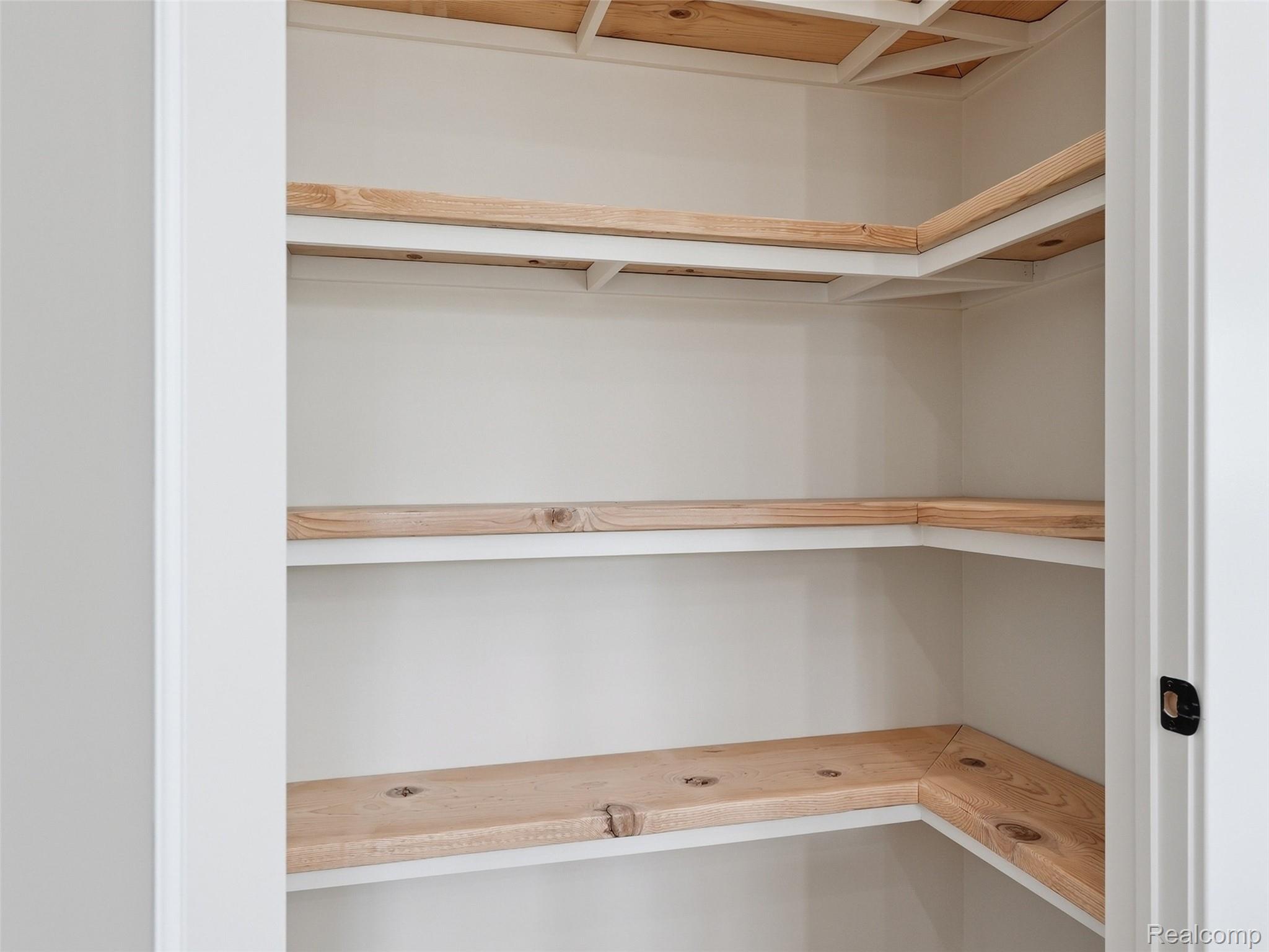 77850 Angling Road Richmond, MI 48062 - Photo 34 of 54 Walk-in pantry featuring light-toned wood shelving, ample storage space, clean white walls, and a recessed ceiling