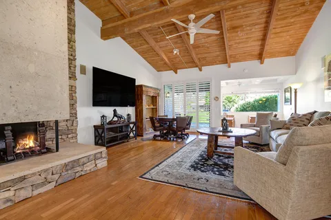 a living room with furniture a flat screen tv and a fireplace