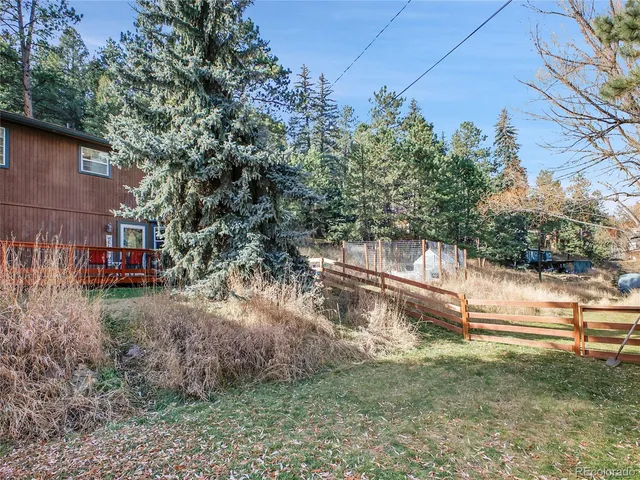 a view of a yard with plants and a bench