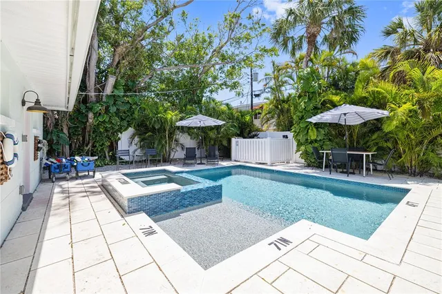 a view of a backyard with sitting area