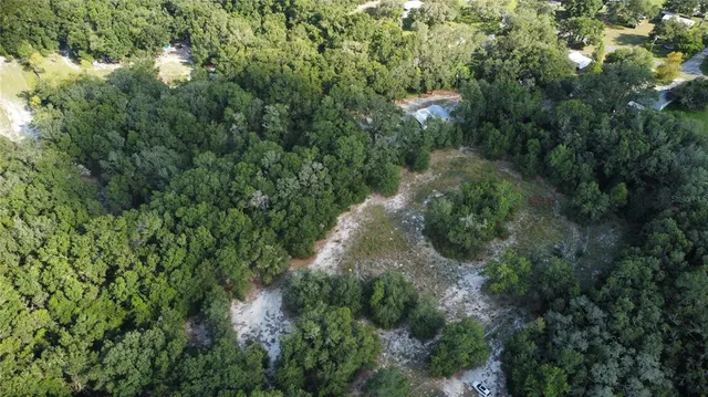 an aerial view of residential house with outdoor space and trees all around