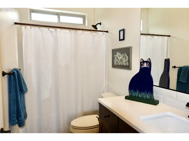 a picture of a bathroom with a sink and a shower curtain
