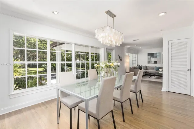 a view of a dining room with furniture wooden floor and chandelier