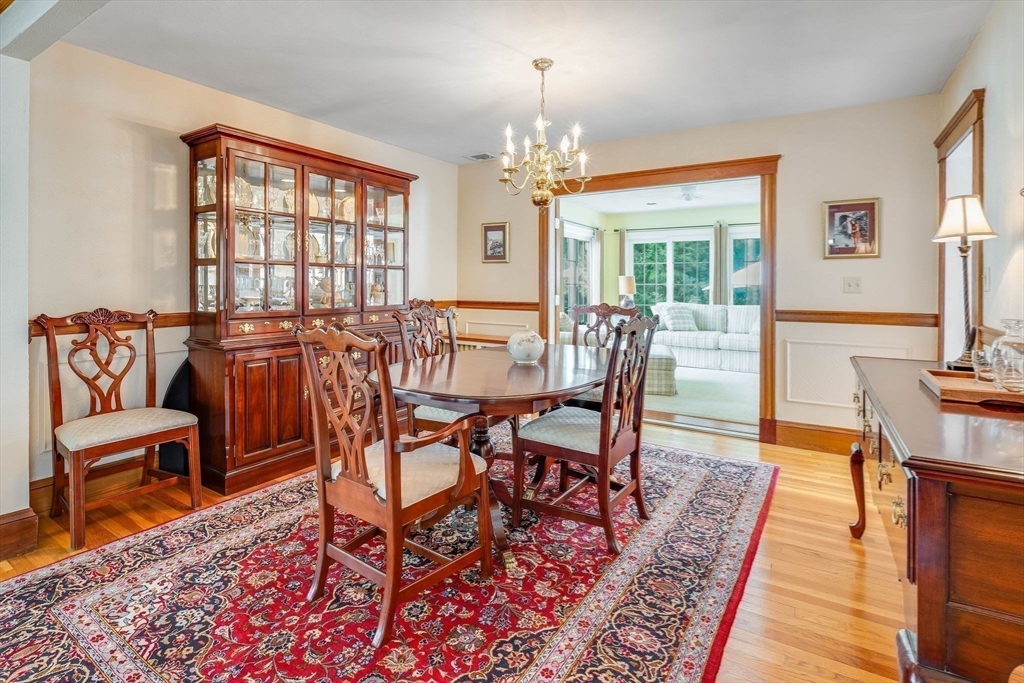 223 Lawrence Road Medford, MA 02155 - Photo 11 of 40 a view of a dining room with furniture a chandelier and wooden floor