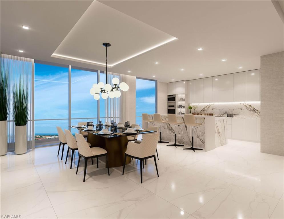 1925 Metropolitan Boulevard, Unit 706 Naples, FL 34104 - Photo 7 of 17 Dining space featuring a floor to ceiling windows, recessed lighting, and light marble finish flooring