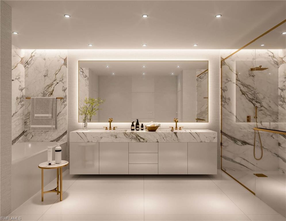 1925 Metropolitan Boulevard, Unit 706 Naples, FL 34104 - Photo 8 of 17 Owner's bathroom renderings with a marble finish shower, double vanity, and recessed lighting