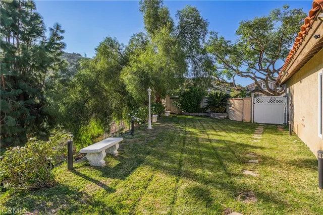 a backyard of a house with table and chairs