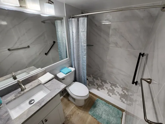 a bathroom with a sink a toilet and a shower