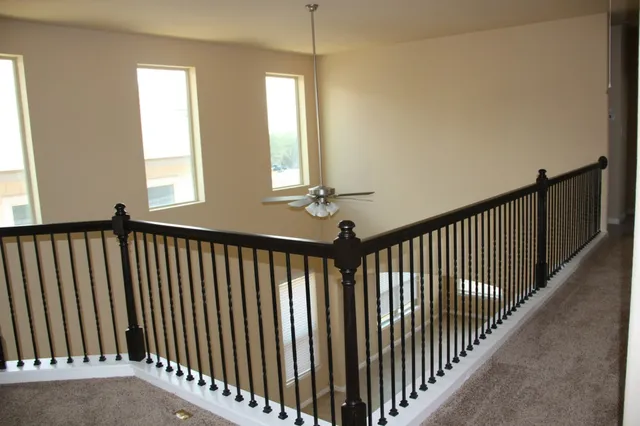 a view of a balcony with window