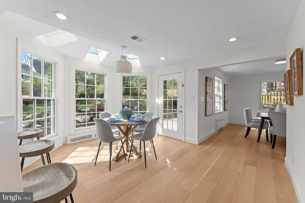 a view of a dining room with furniture window and wooden floor