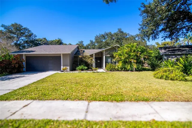 a front view of house with yard and green space