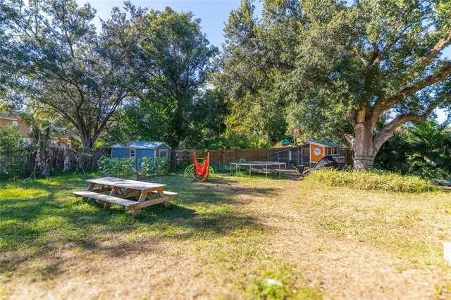 a backyard of a house with table and chairs