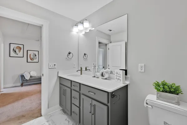 a bathroom with a sink double vanity and a mirror
