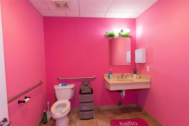 a bathroom with a sink mirror and toilet