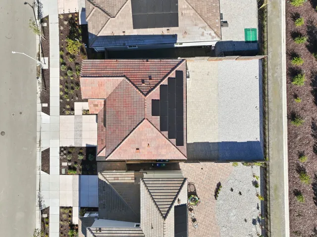 an aerial view of a wooden building