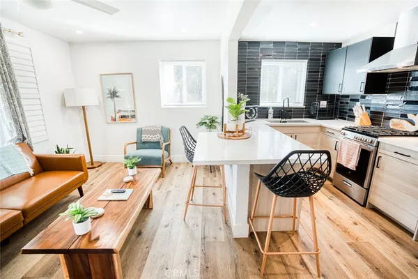 a view of a dining room with furniture a potted plant and wooden floor