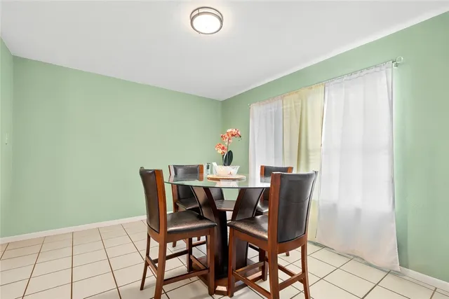 a view of a dining room with furniture and window