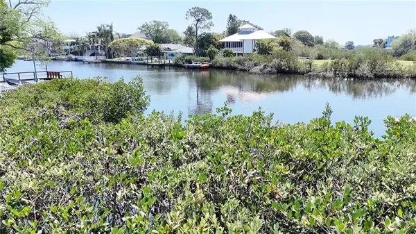 a view of a lake with houses in the background