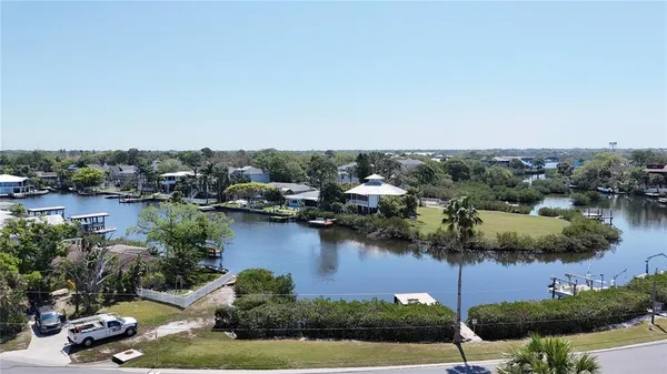 a view of a lake with a yard and large trees