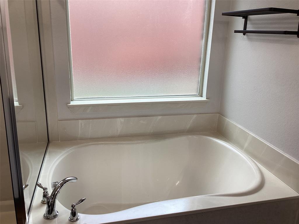 10320 Point Lobos Trail Fort Worth, TX 76177 - Photo 18 of 33 Built-in soaking tub with chrome fixtures, surrounded by a light-toned countertop and wall-mounted shelving