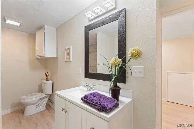 a bathroom with a toilet sink and mirror