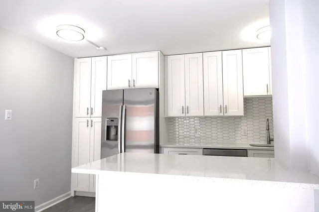 a kitchen with a refrigerator a sink and cabinets