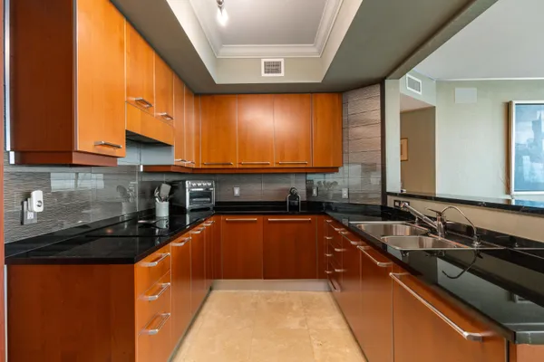 a view of a kitchen counter top space
