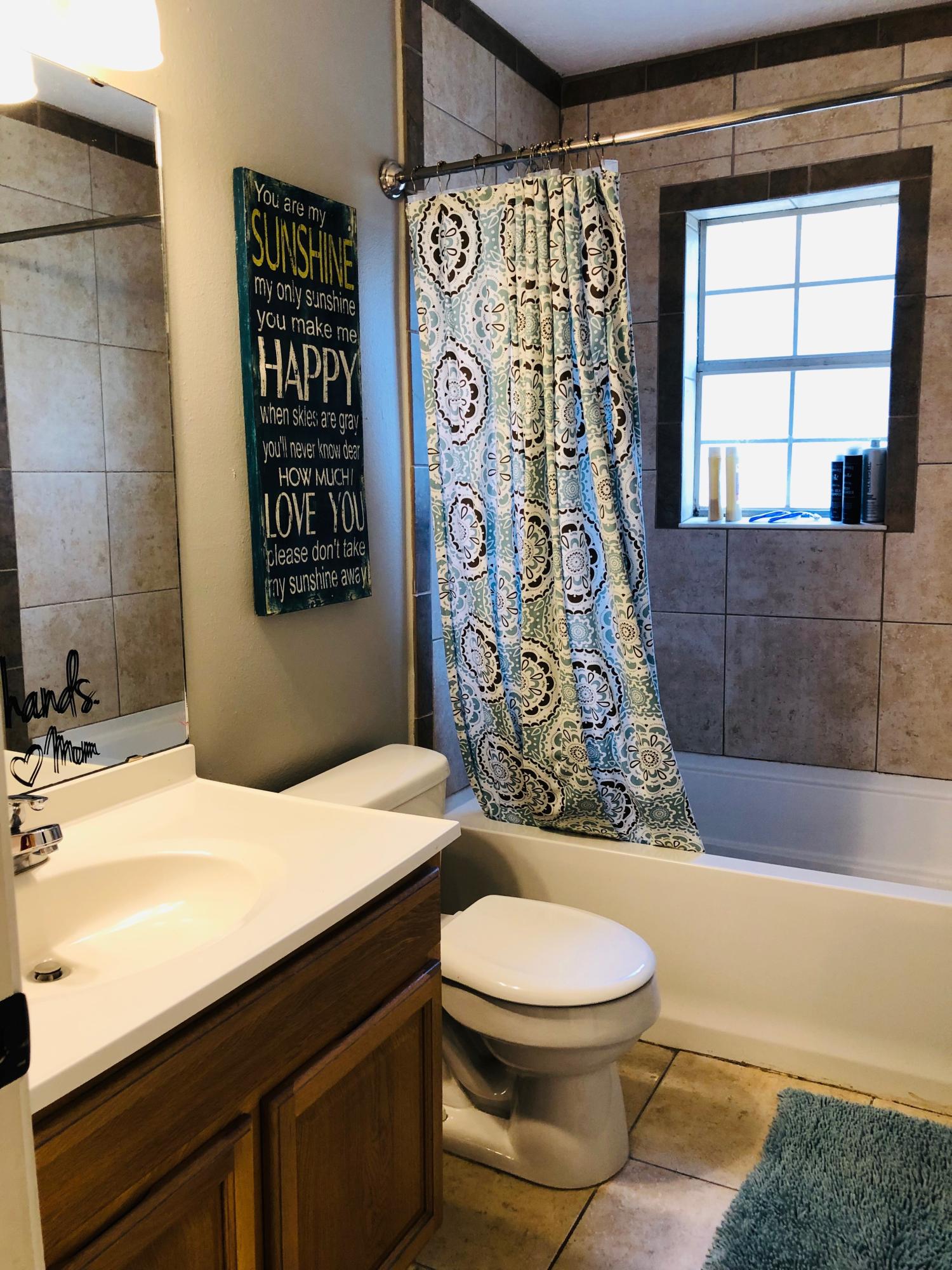 5843 Dairy Road Baker, FL 32531 - Photo 19 of 37 a bathroom with a sink a toilet and shower curtain