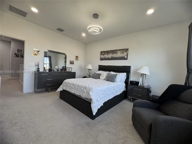 a view of a park with large trees