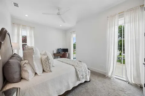 a spacious bedroom with a bed and a large window
