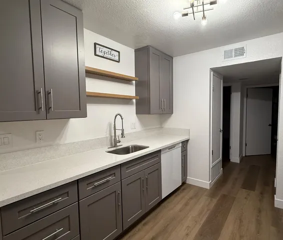 a kitchen with a sink and cabinets