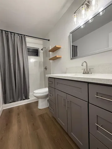 a bathroom with a sink a toilet a mirror and shower