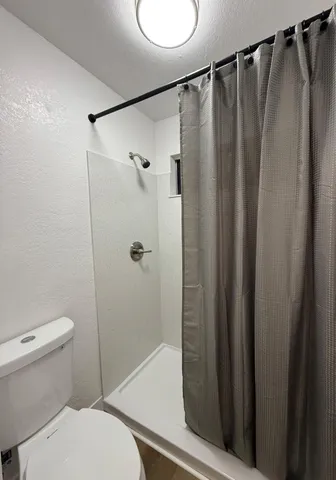 a bathroom with a shower and a toilet