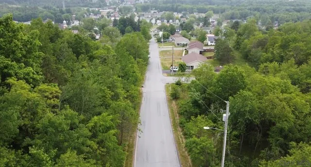 an aerial view of residential house with outdoor space and trees all around