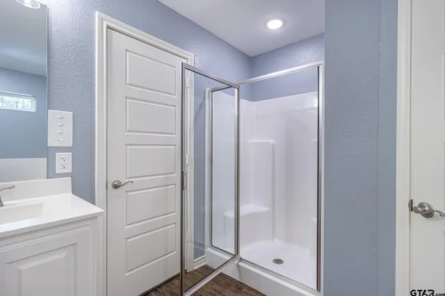 a bathroom with a shower and a sink