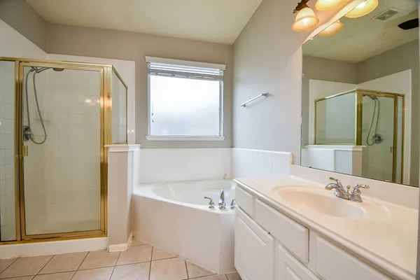 a bathroom with a tub sink shower and mirror
