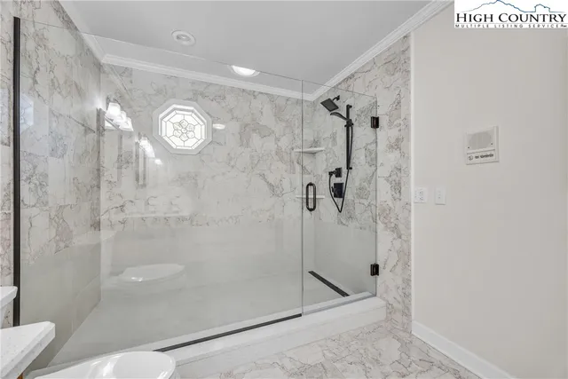 a bathroom with a shower and a toilet