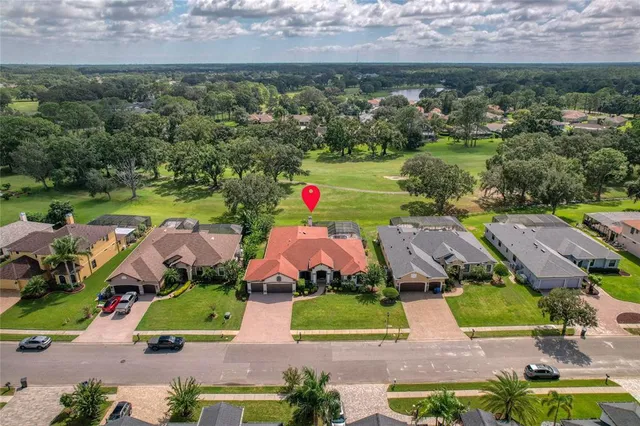 an aerial view of a house with swimming pool big yard and a large tree