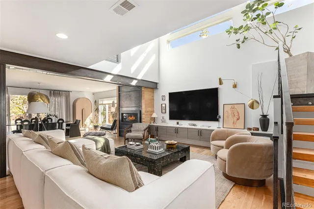 a living room with fireplace furniture and a flat screen tv