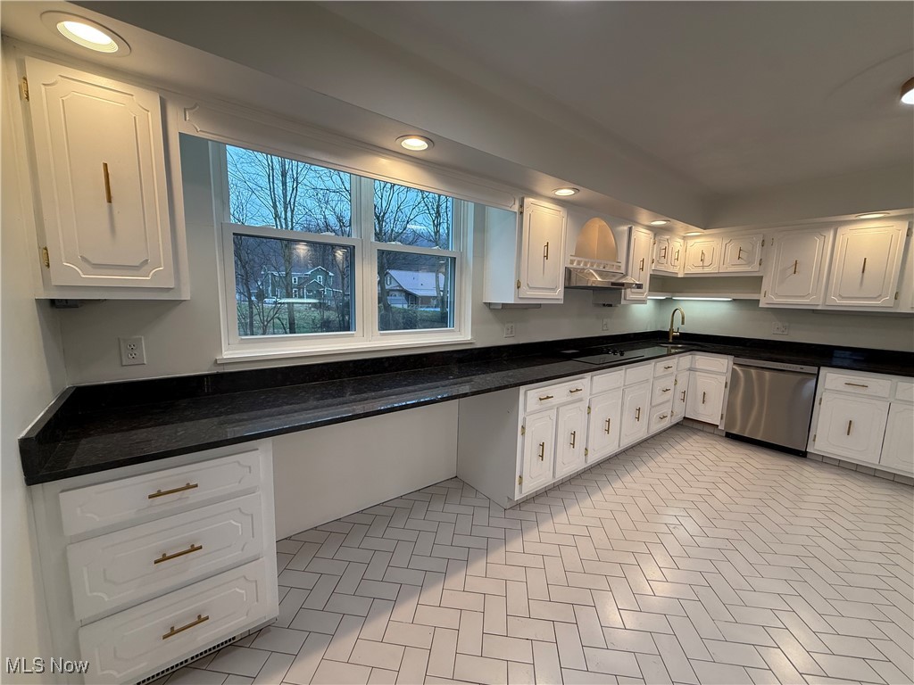 522 North 3rd Street Toronto, OH 43964 - Photo 14 of 47 Kitchen featuring white cabinets, dishwasher, dark stone countertops, recessed lighting, and black electric stovetop