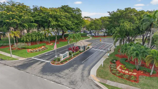a view of a park with large trees