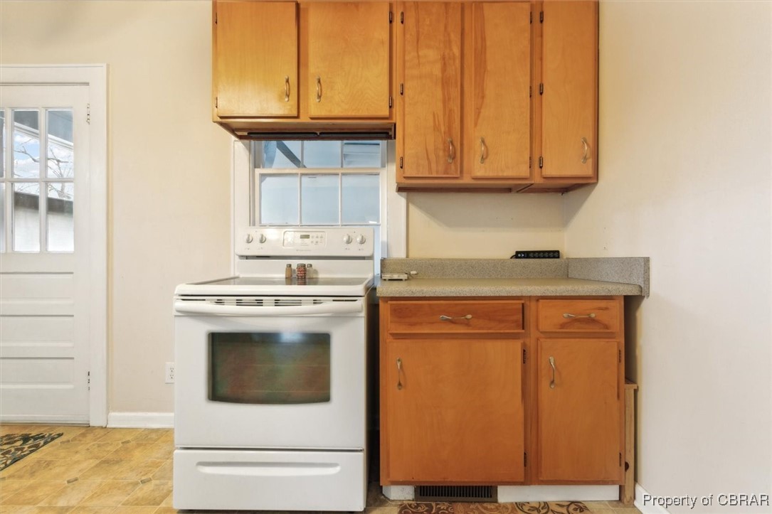 345 Fox Hill Road Hampton, VA 23669 - Photo 12 of 46 Kitchen with brown cabinetry, electric range, visible vents, light countertops, and baseboards