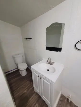 a bathroom with a toilet sink and mirror