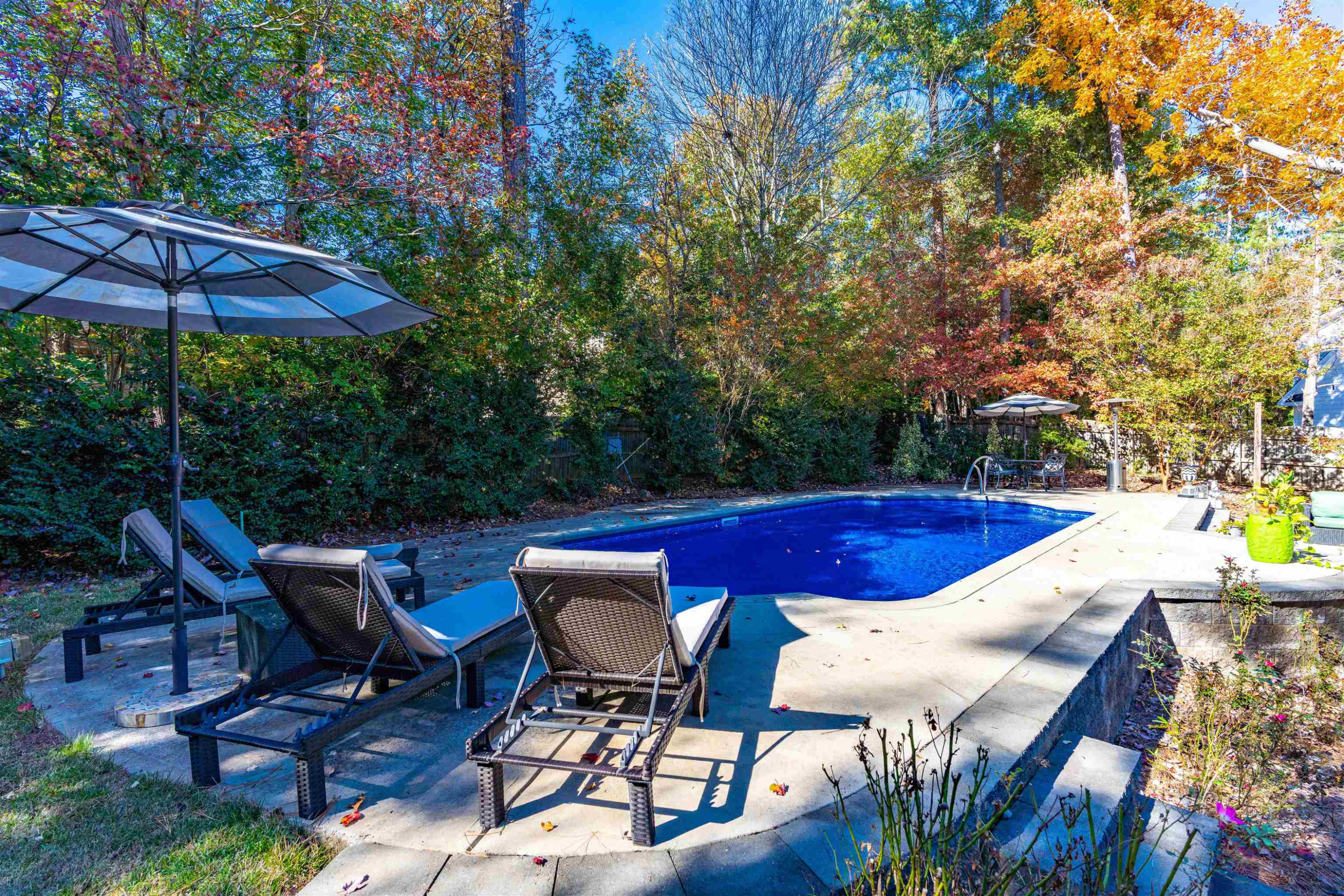 8215 Gadsen Court Raleigh, NC 27613 - Photo 44 of 48 a view of an outdoor sitting area with furniture and umbrella
